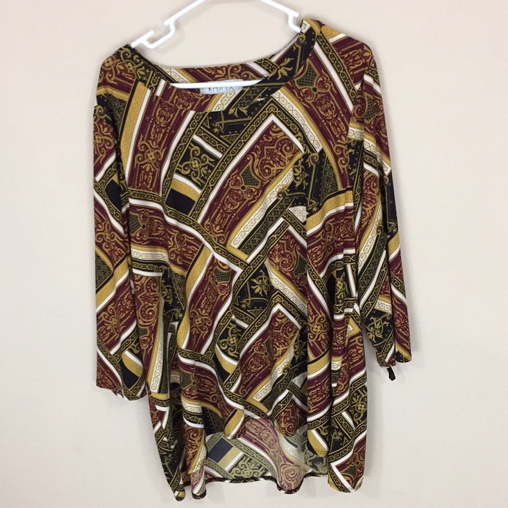 Kasper 3/4 Sleeve Fall Geometric Print Top Size 2X